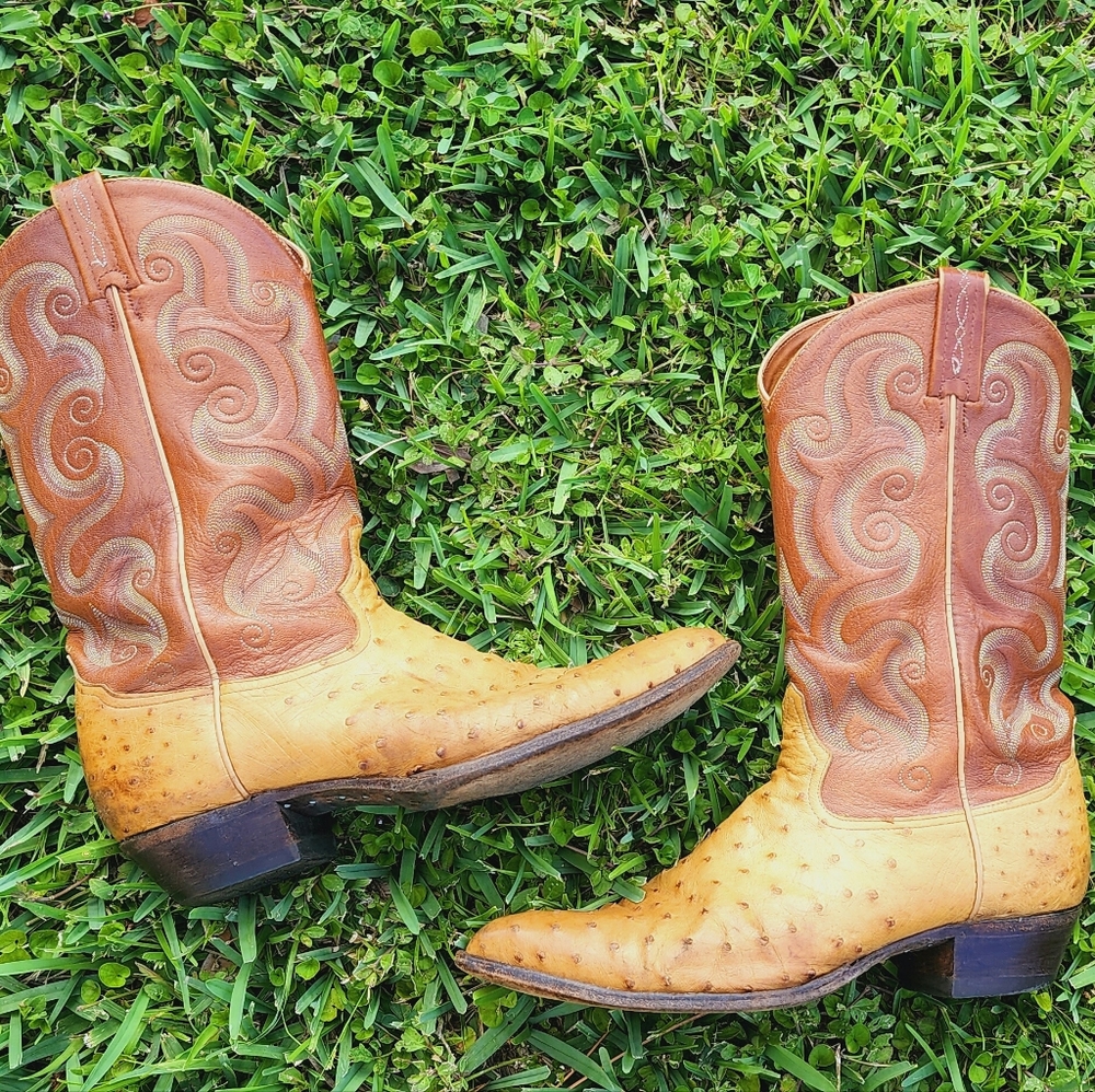 Tony Lama Exotic Full Quill Ostrich Cowboy Boots Two Tone Men's 9 EE